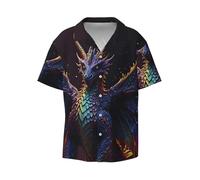 Rainbow Wings Majestic Dragon Hawaiian Shirts for Men, Soft Mens Short Sleeve Shirts Button Beach Cuban Shirts, Black, Large