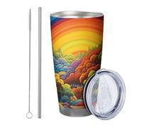 Rainbow with lid and straw tumbler Bohemian Iridescent Forest Aesthetic Botanical Abstract Artistic green orange Stainless Metal Hot And Cold Reusable Outdoor Club Dorm Coffee drinking cup 20 Ounce