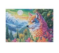 Rainbow Wolf in Autumn Forest with Full Moon 300 Piece Jigsaw Puzzle for All Ages Jigsaw Parent Child Team Building Vibrant Challenge Ideal Festival Gift Home Decor 300 PCS