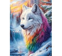 Rainbow Wolf in Waterfall Forest 500 Pieces Premium Jigsaw Puzzle Magical Animal Fairy Tale Adult Jigsaws Educational Challenge Mental Exercise Wall Art Winter Thick Cardboard 500 PCS