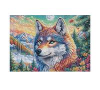 Rainbow Wolf with Mountain And Autumn Leaves 300 Piece Jigsaw Puzzle for Adults Evening Wine Companion Relaxing Hobby Interlocking Pieces for Wine 300 PCS