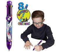 Rainbow Writer - Space Pen by Deluxebase. 8-in-1 Multicolour Retractable Ballpoint Pen with a Purple Glitter Barrel, Fun Novelty Kids Stationery, School Supplies or Party Bag Filler.