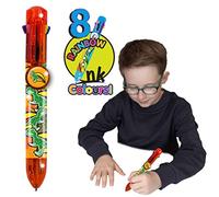 Rainbow Writer - T-Rex Pen by Deluxebase. 8-in-1 Multicolour Retractable Ballpoint Pen with a Red Glitter Barrel, Fun Novelty Kids Stationery, School Supplies or Party Bag Filler.