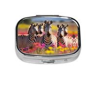 Rainbow Zebra Print Square Metal Pill Box Decorative Pill Case - Carry Your Meds in Style (Rectangular)