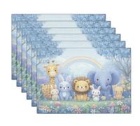 Rainbow Zoo Linen Fabric Placemats Set of 2 | Cute Childlike Table Mats for Kitchen Decor, Durable, Stain-Resistant, Machine Washable & Reusable, 45x30cm