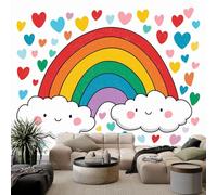 Rainbows Clouds Hearts Stripes Wall Mural 3D Effect, Cartoon Contemporary Art Photo Picture Wallpaper Bedroom Decoration Wall Covering 450 x 280 cm