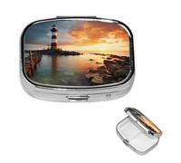 Rainbows Lighthouse Seaside Pill Box 2 Compartment Square Portable Pill Case for Pocket or Purse Small Weekly Medicine Planner Travel Pillbox with Mirror Decorative Metal Vitamin Holder Gifts