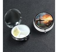 Rainbows Lighthouse Seaside Pill Box 3 Compartment Round Portable Pill Case for Pocket or Purse Small Weekly Medicine Planner Travel Pillbox with Mirror Decorative Metal Vitamin Holder Gifts