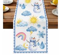 Rainbows Snowflakes Table Runner, Snowman Sun Moon Cloud Blue Border Cotton and Table Linen Runner for Kitchen Dining Home Decor for Party Festival Holiday Decoration Gift 13x120in