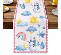 Rainbows Snowflakes Table Runner, Snowman Sun Moon Cloud Pink Border Cotton and Table Linen Runner for Kitchen Dining Home Decor for Party Festival Holiday Decoration Gift 13x120in