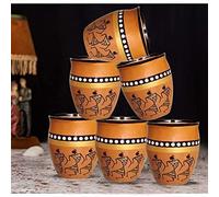 Raincart Traditional Warli Painting Terracotta Kullad Tea Cups, Kulhad chai Cups, Set of 6 Pieces,. 220 ml, Assorted Design