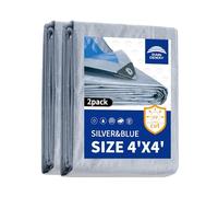 RAINDEWAY Small Tarps Heavy Duty Waterproof 4x4 Feet（Pack of 2） 5.5 Mil Thick, Multipurpose Waterproof Poly Tarp Cover，Camping Tarpaulin Silver/Blue Tarp Finished Size