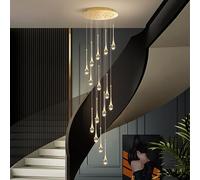Raindrop Crystal Chandelier for High Ceiling,8/10/12/15/18 lights Staircase Chandelier with Remote Dimmable,Adjustable Height Long Pendant Light,Modern Ceiling Light Fixture for St (Gold 15 lights)