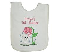 Raindrops Easter Bunny Personalised Bib. Handmade in The UK with Embroidered Name. (White)