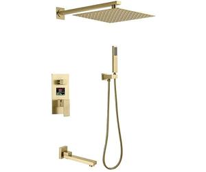 Rainfall Shower System, Wall Mounted Digital Display, LED Brushed Bathroom Mixer Shower Set with 10-12 Inch Rain Shower Head and Tub Taps, Complete Shower Set