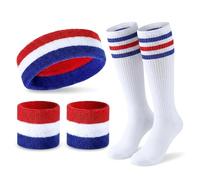 RAINFLOW Striped Headband Sweatband Set - Red White and Blue 80s Accessories with Socks for Men Women, Team USA 4th of July Sports Basketball Olympic Costume