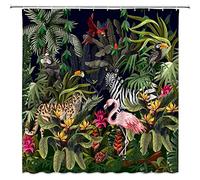 Rainforest Animal Shower Curtain Tropical Jungle Forest Leopard Flamingo Zebra Parrot Monkey Toucan Palm Leaf Plant Wildlife Zoo Bathroom Decor Fabric Curtains With Hooks 180X180cm/71X71 Inch