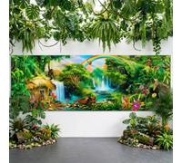 Rainforest Backdrop, 18x6ft Large Tropical Forest Waterfall Animal Print Polyester Background for Birthday Party Photo Booth Studio Decor(Type A)