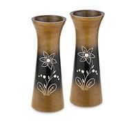 Rainforest Brown Hand Carved Lily Flower 8-inch Mango Tree Set of 2 Wood Vase (2PCS)