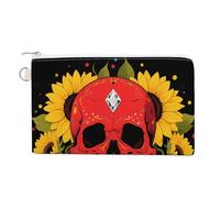Rainforest Hydrangea Wallet for Men Women Canvas Coin Purse Zippered Change Holder with Secure Closure, Red Skull & Yellow Sunflowers, One Size