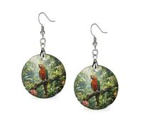 Rainforest Parrot Dangle Earrings for Women Trendy Lightweight Wood Geometric Earring Wooden Bohemian Print Eardrop Vintage Jewelry Gift Mother Valentine's Day, Circular, Wood, No Gemstone