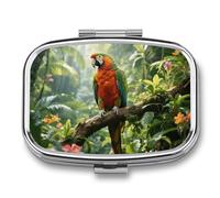 Rainforest Parrot Pill Box Travel Pill Organizer 2 Compartment Weekly Pill Case with Mirror A Day Medicine Container Medicine Organizer for Purse, Pocket, Or Wallet