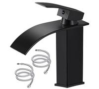 Rainie Basin Tap Waterfall Bathroom Sink Mixer Taps Basin Mixer with Single Lever Chrome Brass, Square Bathroom Sink Taps Hot and Cold Water Taps Mixer with UK Standard Hoses(Black)