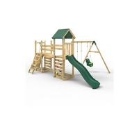 Rebo® Double Tower Climbing Frame with Flexible Bridge, Swing and Slide - Rainier | OutdoorToys | Kids' Outdoor Wooden Garden Play Equipment, Children's Jungle Gym