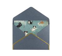 Raining Cats & Dogs Printed Pearl Paper Greeting Card, Black - Folded Blank Cards with Gold Trim for Weddings, Birthdays, Christmas