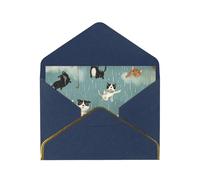 Raining Cats & Dogs Printed Pearl Paper Greeting Card, Blue - Folded Blank Cards with Gold Trim for Weddings, Birthdays, Christmas