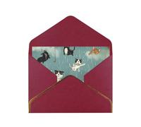 Raining Cats & Dogs Printed Pearl Paper Greeting Card, Dark Red - Folded Blank Cards with Gold Trim for Weddings, Birthdays, Christmas