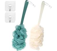 Rainjia 2 Pack Back Scrubber with Loofah & Soft Mesh Sponge, Long Handle Bath Brush for Exfoliating Dead Skin - Shower Body Brush for Men & Women (Blue, Beige)