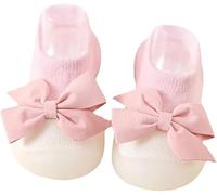 Rainjia Baby Girl's First Walkers - Pink Knitted Sock Shoes with Oversized Bow & Non-Slip Rubber Grips, Ultra-Soft Sole for 6-24 Months