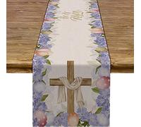 Rainlemon Linen He is Risen Table Runner Easter Egg Spring Jesus Ressurrection Cross Home Kitchen Dining Room Decoration (13" x 108")