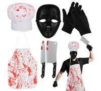 Rainmae 6 PCS Butcher Halloween Costumes For Men Serial Killer Costume with Apron Hat Mask Gloves Fake Kitchen Knife Fruit Knife Butcher Costume for Halloween Fancy Dress Party