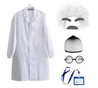 Rainmae 8 Pieces Scientist Costume Set for Adult Includes Old Man Curly Wig, White Lab Coat, Glasses, Mustache, Eyebrows, ID Card for Dressing up Grandpa Costume Halloween Party Cosplay Set