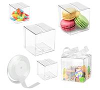RAINPOP 100 Pack Clear Favor Boxes with White Silk Ribbon, Cube for Candy Cookies Chocolate, Transparent Gift Plastic, Wedding Favour Boxes, Party Baby Shower (5x5x5cm) (RAIN-Y061)