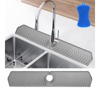 RAINPOP Lengthening Silicone Faucet Mat, 30X 5.7in Kitchen Sink Splash Guard Mat, Around Faucet Draining Pad, Faucet Handle Drip Catcher Tray for Bathroom Countertop, Slope Upgraded Sink Splash Guard