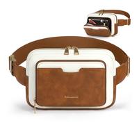 RAINSMORE Fanny Packs for Women, Leather Belt Bag Everywhere Crossbody Waist Pack with Adjustable Strap Retro Sling Chest Bag, Brown with White, M