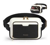 RAINSMORE Fanny Packs for Women, Leather Belt Bag Everywhere Crossbody Waist Pack with Adjustable Strap Retro Sling Chest Bag, Black with White, M