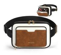 RAINSMORE Fanny Packs for Women, Leather Belt Bag Everywhere Crossbody Waist Pack with Adjustable Strap Retro Sling Chest Bag, Black and Brown with White, M