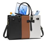 RAINSMORE Laptop Bags for Women PU Leather Work Bags for Women Tote Bag Large Handbag Shoulder Bag for Office 15.6 Inch Bussiness Black with White and Brown