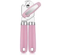 Rainspire Can Opener Manual Handheld Strong Manual Can Opener Smooth Edge Cut, Can Opener Heavy Duty, Comfortable Soft Handle, Built-in Bottle Opener, Black (Pink)