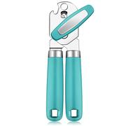 Rainspire Can Opener Manual Handheld Strong Manual Can Opener Smooth Edge Cut, Can Opener Heavy Duty, Comfortable Soft Handle, Built-in Bottle Opener, Black (Turquoise)