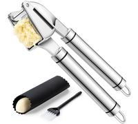 Rainspire Premium Garlic Press Stainless Steel, Garlic Mincer Tool, Garlic Crusher Tool, Garlic Smasher Garlic Masher Includes Silicone Garlic Peeler & Cleaning Brush, Dishwasher Safe, Silver