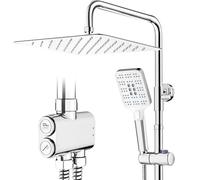 Rainsworth Shower Riser Rail Kit Chrome, 12" Square Stainless Steel Rainfall Overhead, 3 Jet Types Handheld Shower,Height Adjustable Shower Set Without Tap, Brass Diverter