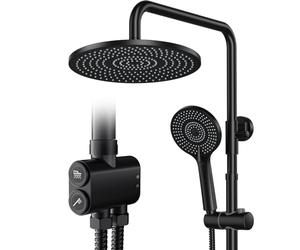 Rainsworth Shower Riser Rail Kit Matte Black, 10" Round Rainfall Overhead, 3 Jet Types Handheld Shower,Height Adjustable Shower Set Without Tap, Brass Diverter