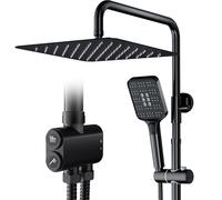 Rainsworth Shower Riser Rail Kit Matte Black, 12" Stainless Steel Rainfall Overhead, 3 Jet Types Handheld Shower,Height Adjustable Shower Set Without Tap, Brass Diverter