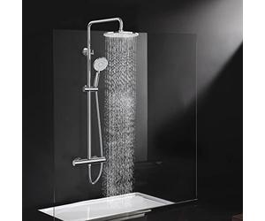 Rainsworth Thermostatic Shower Mixer Set Chrome, 25cm Round Overhead Rainfall Shower, 3 Jet Types Handheld Shower, Height Adjustable Shower System