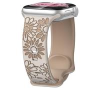 Rainway Floral Engraved Strap Compatible with Apple Watch Straps 38mm 40mm 41mm 42mm for Women,Two-Tone Flower Silicone Sport Band for iWatch Series 11 10 9 8 7 6 5 4 3 2 1 SE Ultra,Starlight/Milk Tea